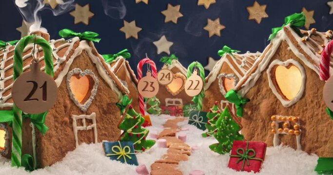 Gingerbread village for Christmas. Gingerbread cottages at night with stars.