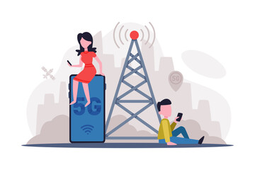 Network wireless technology. Small people characters using high speed mobile internet for working, online gaming and communication cartoon vector illustration