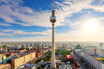 Fototapeta premium Beautiful aerial sunny panorama of Berlin at sunset, Germany