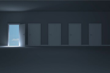 Obraz premium Door opening in dark room to show sky 