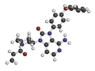 Tolebrutinib multiple sclerosis drug molecule. 3D rendering. Atoms are represented as spheres with conventional color coding: hydrogen (white), carbon (grey), nitrogen (blue), oxygen (red).