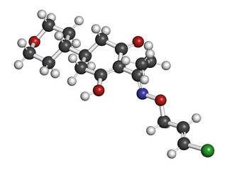 Tepraloxydim herbicide molecule. 3D rendering. Atoms are represented as spheres with conventional color coding: hydrogen (white), carbon (grey), nitrogen (blue), oxygen (red), chlorine (green).
