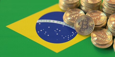 Flag of Brazil and many bitcoins. National cryptocurrency regulations concept, 3d rendering