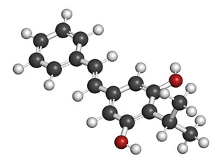 Benvitimod or tapinarof psoriasis drug molecule. 3D rendering. Atoms are represented as spheres with conventional color coding: hydrogen (white), carbon (grey), oxygen (red).