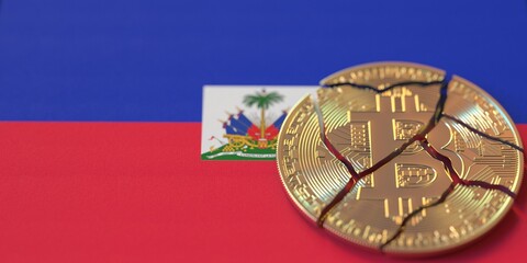 Flag of Haiti and broken bitcoin. Cryptocurrency ban or crypto legal issues concepts, 3d rendering