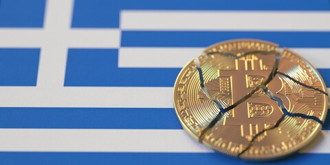 Broken bitcoin on the flag of Greece. Legal issues and cryptocurrency regulations problems concepts, 3d rendering