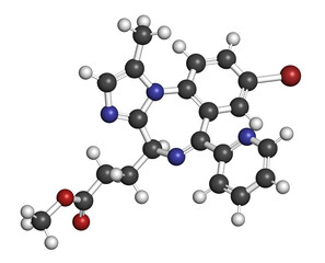 Remimazolam drug molecule. 3D rendering. Atoms are represented as spheres with conventional color coding: hydrogen (white), carbon (grey), nitrogen (blue), oxygen (red), bromine (brown).