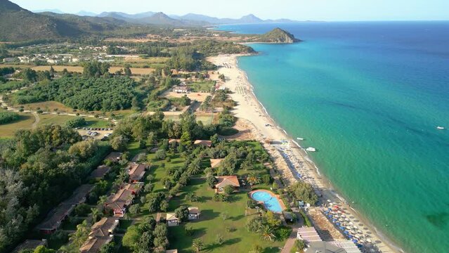 Drone flight over a beach in Sardinia Italy Villasimius