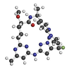 Pralsetinib cancer drug molecule. 3D rendering. Atoms are represented as spheres with conventional color coding: hydrogen (white), carbon (grey), nitrogen (blue), oxygen (red), fluorine (light green).