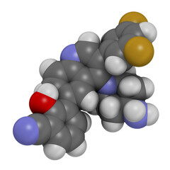 Paltusotine acromegaly drug molecule. 3D rendering. Atoms are represented as spheres with conventional color coding: hydrogen (white), carbon (grey), nitrogen (blue), oxygen (red), fluorine (gold).