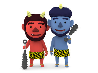 豆まき 節分　赤鬼 青鬼　３Dイラスト