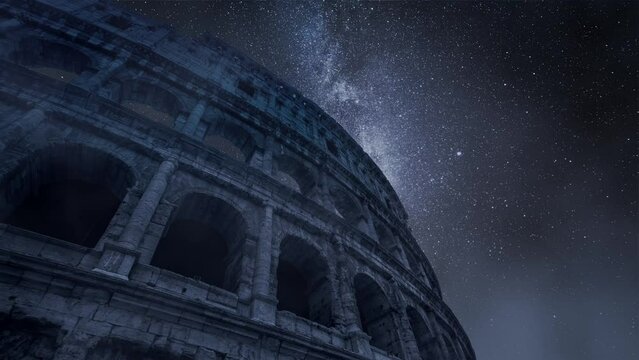 Milky way and Colosseum at night in Rome, Italy
