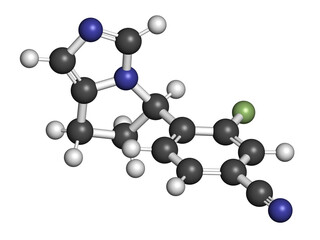 Osilodrostat Cushing's syndrome drug molecule. 3D rendering. Atoms are represented as spheres with conventional color coding: hydrogen (white), carbon (grey), nitrogen (blue), fluorine (light green).