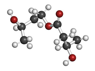 Ketone ester molecule. Present in drinks to induce ketosis. 3D rendering. Atoms are represented as spheres with conventional color coding: hydrogen (white), carbon (grey), oxygen (red).