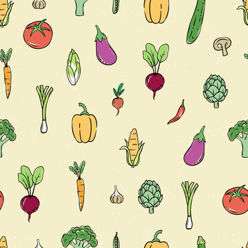Lovely hand drawn vegetables seamless pattern, doodle veggies, great for textiles, wrapping, packaging - vector design