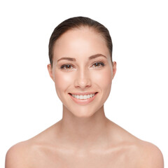 Obraz premium Skincare, beauty and face of a woman with a happy smile, teeth and clean skin on a png, transparent and isolated or mockup background. Portrait of good hygiene, health and dental care or wellness