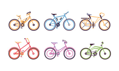 Different Bicycles or Cycle with Pedal and Two Wheels Attached to Frame Vector Set