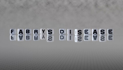 fabry's disease word or concept represented by black and white letter cubes on a grey horizon background stretching to infinity