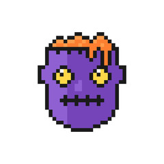 Obraz premium Zombie head Halloween icon in pixel art design isolated on white background, monster face vector sign symbol.