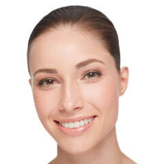 Obraz premium Skincare, beauty and face of a woman with a happy smile, teeth and clean skin on a png, transparent and isolated or mockup background. Portrait of good hygiene, health and dental care or wellness