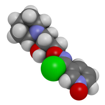 Arimoclomol drug molecule. 3D rendering. Atoms are represented as spheres with conventional color coding: hydrogen (white), carbon (grey), nitrogen (blue), oxygen (red), chlorine (green).