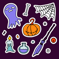 Doodle Halloween sticker set. Hand-drawn autumn pumpkin, ghost, web, broom, candle on violet background. Cute scary horror banner for fall holidays, Day of the Dead. Vector color spooky illustration