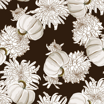 Autumn white pumpkin and line Chrysanthemum flowers seamless pattern. Black background.