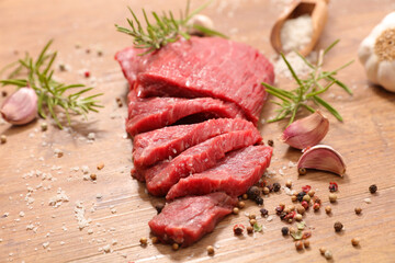 raw beef steak slices and spices