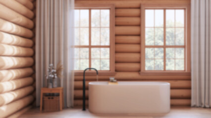 Blurred background, wooden farmhouse log cabin. Vintage bathroom with bathtub, panoramic windows, rustic interior design