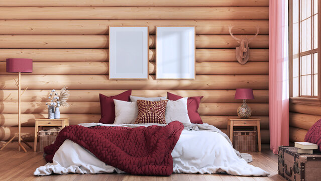 Log cabin bedroom in red and beige tones. Double bed with blanket and duvet, wooden side tables. Frame mockup, farmhouse interior design