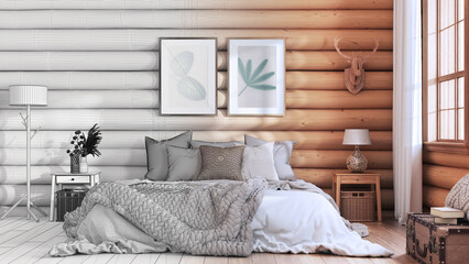 Architect interior designer concept: hand-drawn draft unfinished project that becomes real, log cabin bedroom. Bed with blanket and duvet, wooden side tables. Farmhouse