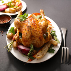 roasted chicken poultry with fried vegetables on plate