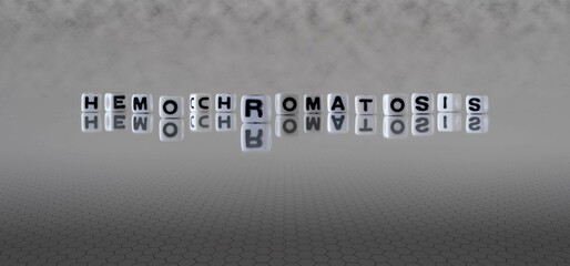 hemochromatosis word or concept represented by black and white letter cubes on a grey horizon background stretching to infinity