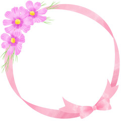 ピンクのリボンとコスモスのフレーム／pink ribbon and cosmos frame