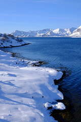 Obraz premium Lofoten Islands coast and mountains in Winter, Lofoten Islands, north Norway