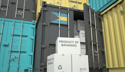 Cargo containers and boxes with products from Bahamas. National industry related conceptual 3D rendering