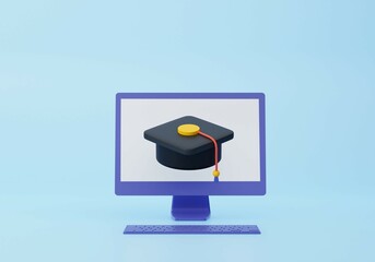 Obraz premium omputer monitor display and graduation cap. Online education, e-learning, online training, workshops and courses. 3d rendering icon. Cartoon minimal style.