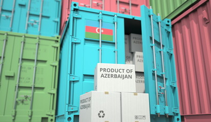 Cartons with goods from Azerbaijan and shipping containers in the port terminal or warehouse. National production related conceptual 3D rendering