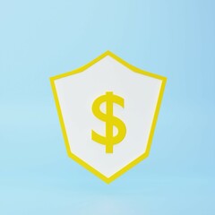 Gold shield with dollar sign. Money safety , insurance, business and finance concept. 3d rendering icon. Cartoon minimal style.