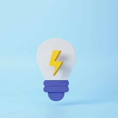 Light bulb with lightning symbol. Electricity and energy. 3d rendering icon. Cartoon minimal style.