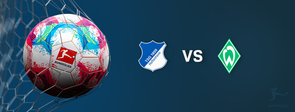 Guilherand-Granges, France - September 09, 2022. Bundesliga of Germany. Soccer ball in net with official logo of the Bundesliga. Match : TSG Hoffenheim VS SV Werder Bremen. 3D rendering.