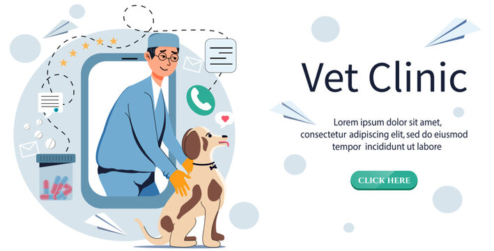 Vet clinic. Vector stock illustration. Flat style. Character with a pet. Web site. Online reception and call a specialist at home.
