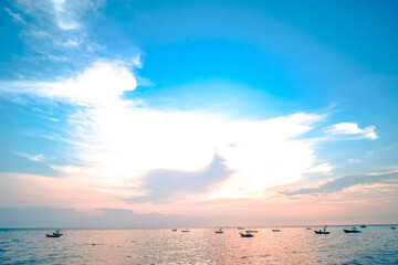 Panorama scene of tropical sea background with tropical wooden fishing boat blue tone