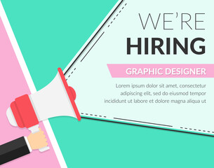 We're hiring concept, hand holding megaphone with place for your text