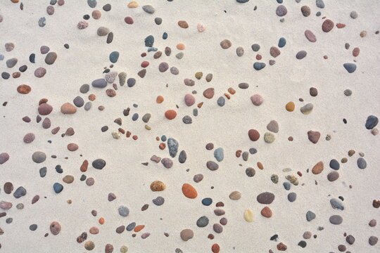 Desert pavement made of pebbles on beach by Baltic Sea.
