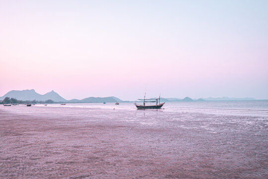 Panorama  scenatic  view of seascape  with trsditional fishing boat and beautiful blue ocean South East Asia Thailand
