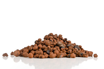 Hydro Granules, Clay Granules, Hydro Culture, isolated on white background with reflection, Urban...