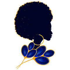 Beautiful african american women with indigo flowers vibrant drawings africa ,without background	
