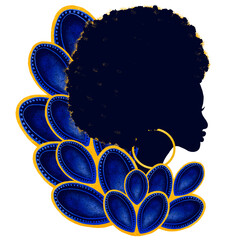 Beautiful african american women with indigo flowers vibrant drawings africa ,without background	

