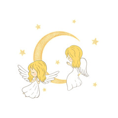 Cute angels in white clothes fly in the starry sky and sit on an archer. Print for baby clothing fabrics. New year and christmas. Without background.	
